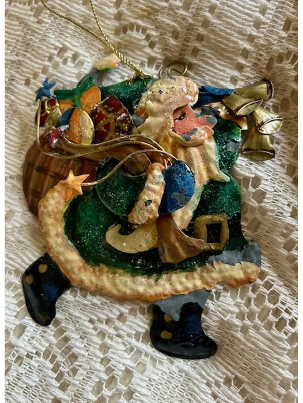 Vintage Metal Christmas Ornaments Set with Santa and Noel Sign